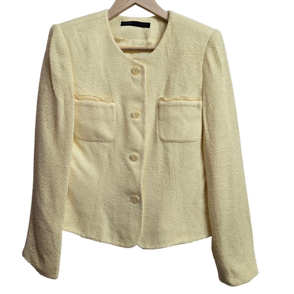 Vintage Y2K Perry Ellis Tweed Blazer 8 Yellow Old Money Prep Workwear Jacket
